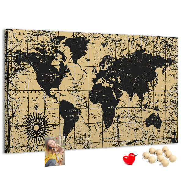 Korktafel mit Motiv einer antiken Weltkarte in Schwarz und Gold