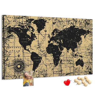 Korktafel mit Motiv einer antiken Weltkarte in Schwarz und Gold