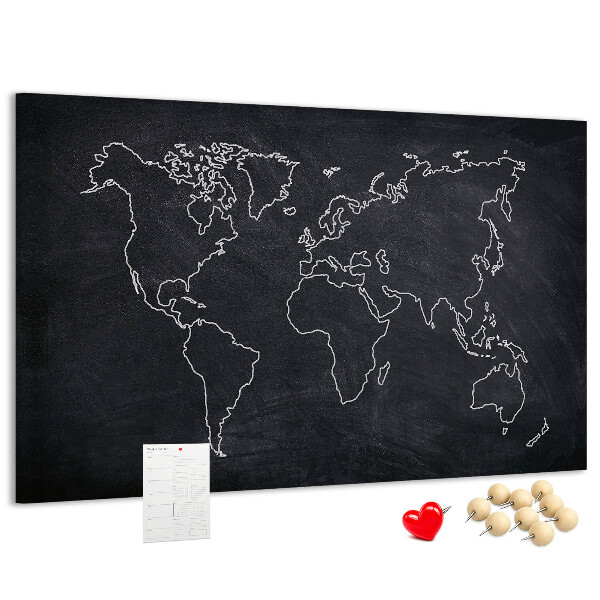 Weltkarte mit Korkrückwand auf einem Tafelhintergrund