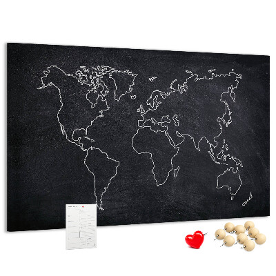 Weltkarte mit Korkrückwand auf einem Tafelhintergrund