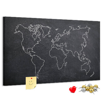 Weltkarte mit Korkrückwand auf einem Tafelhintergrund