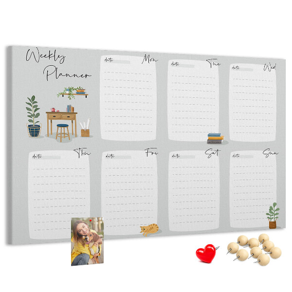 Korktafel mit Wochenplaner-Aufdruck und Pflanzenmotiven