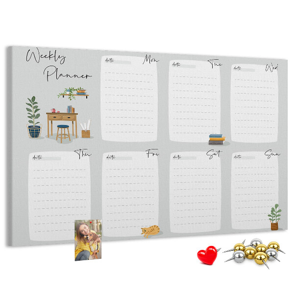 Korktafel mit Wochenplaner-Aufdruck und Pflanzenmotiven
