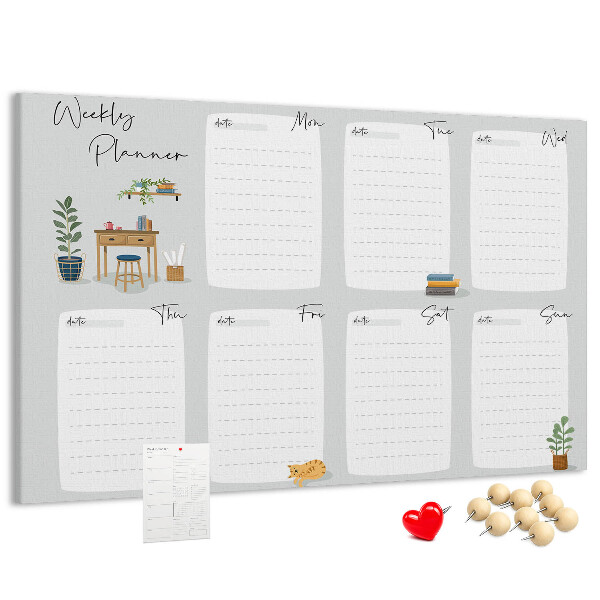 Korktafel mit Wochenplaner-Aufdruck und Pflanzenmotiven