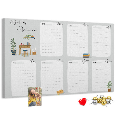 Korktafel mit Wochenplaner-Aufdruck und Pflanzenmotiven