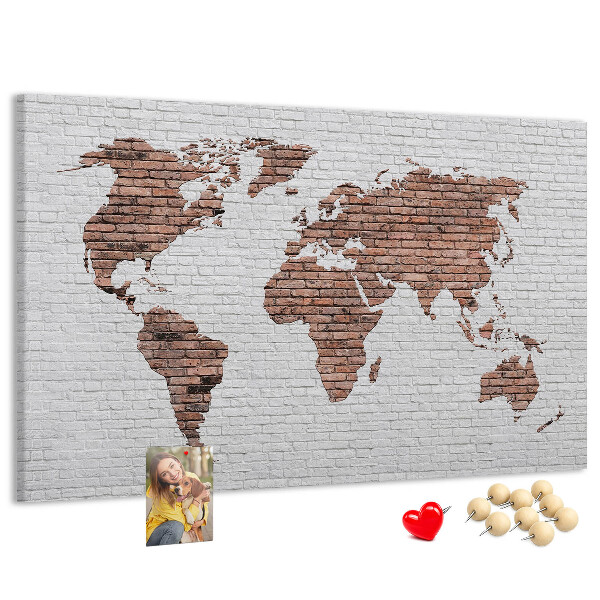 Weltkarte mit Korkrückwand Motiv Backsteinmauer