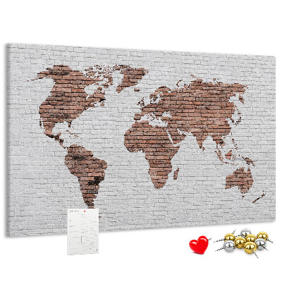 Weltkarte mit Korkrückwand Motiv Backsteinmauer