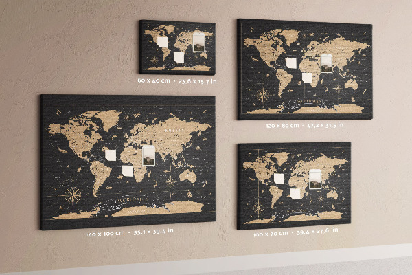Korktafel schwarze Weltkarte mit goldenen Akzenten