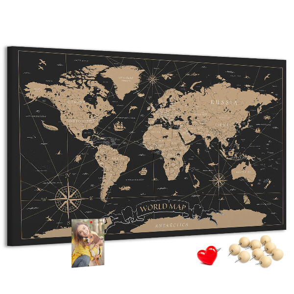 Korktafel schwarze Weltkarte mit goldenen Akzenten