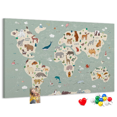 Kork-Pinnwand mit einer farbenfrohen Weltkarte der Tiere