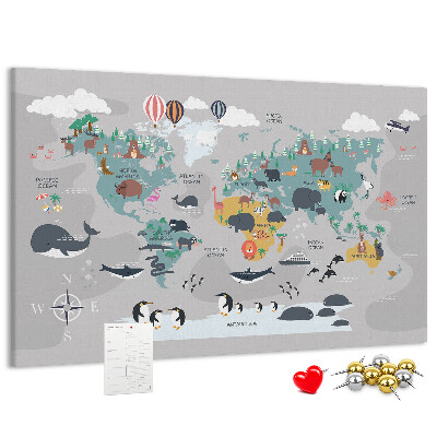 Weltkarte mit Tierillustrationen auf Korkrückwand