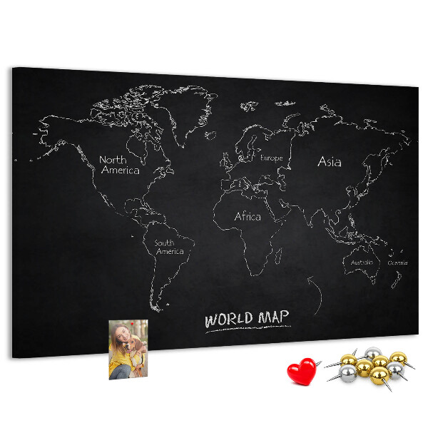 Weltkarte mit Korkrückwand auf schwarzem Hintergrund