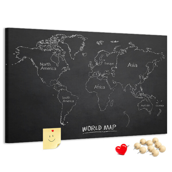 Weltkarte mit Korkrückwand auf schwarzem Hintergrund