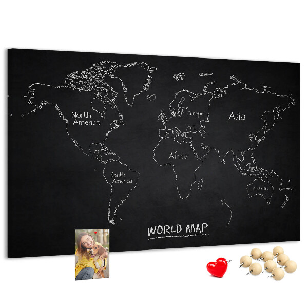 Weltkarte mit Korkrückwand auf schwarzem Hintergrund