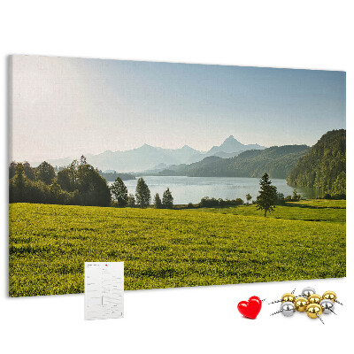 Kork-Pinnwand mit Motiv malerische Berglandschaft am See