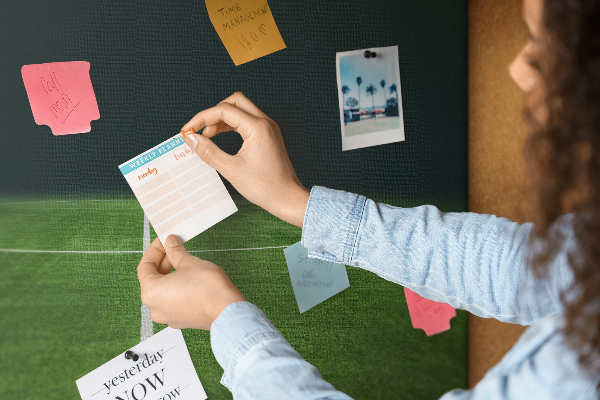 Korkbild mit Motiv eines Fußballfeldes mit Linien und Rasen