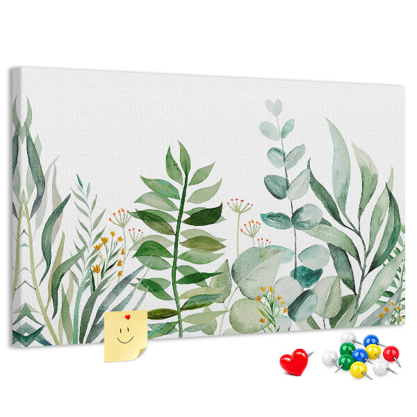 Korktafel mit Motiv tropische Blätter in zarten Farbtönen