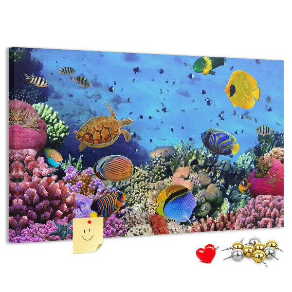Korktafel mit Motiv einer tropischen Unterwasserwelt voller Farben und Fische