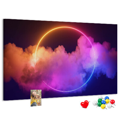 Bild mit Korkrückwand bunte Wolken mit einem Neonkreis