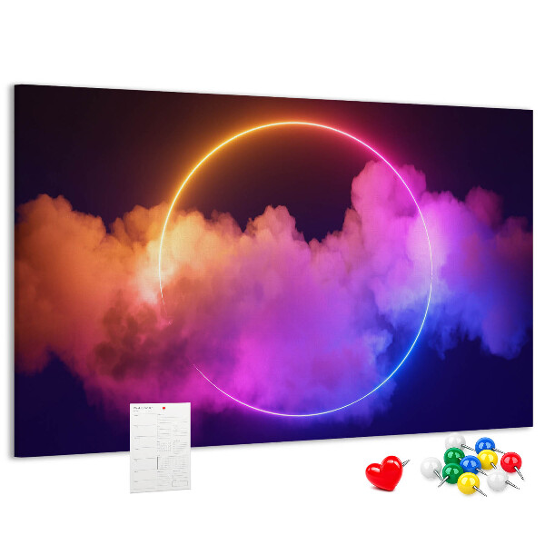 Bild mit Korkrückwand bunte Wolken mit einem Neonkreis