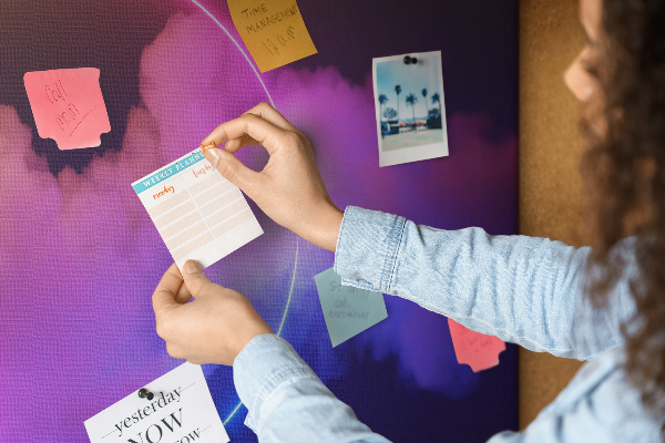 Bild mit Korkrückwand bunte Wolken mit einem Neonkreis