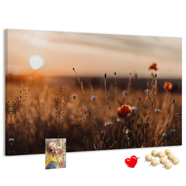 Korktafel mit Motiv Goldenes Mohnfeld im Sonnenuntergang