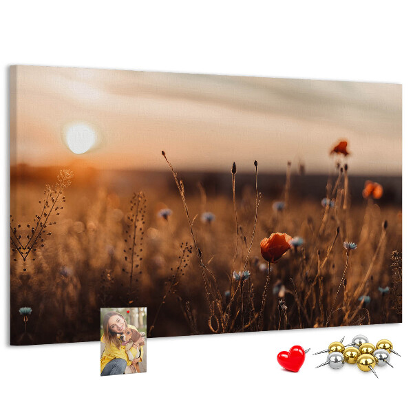 Korktafel mit Motiv Goldenes Mohnfeld im Sonnenuntergang