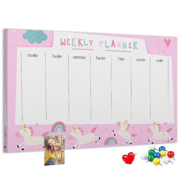 Wochenplaner mit Einhorn- und Regenbogen-Motiv aus Kork