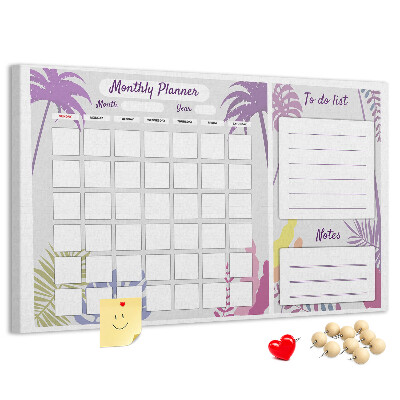 Korktafel Monatskalender mit tropischem Pflanzenmotiv