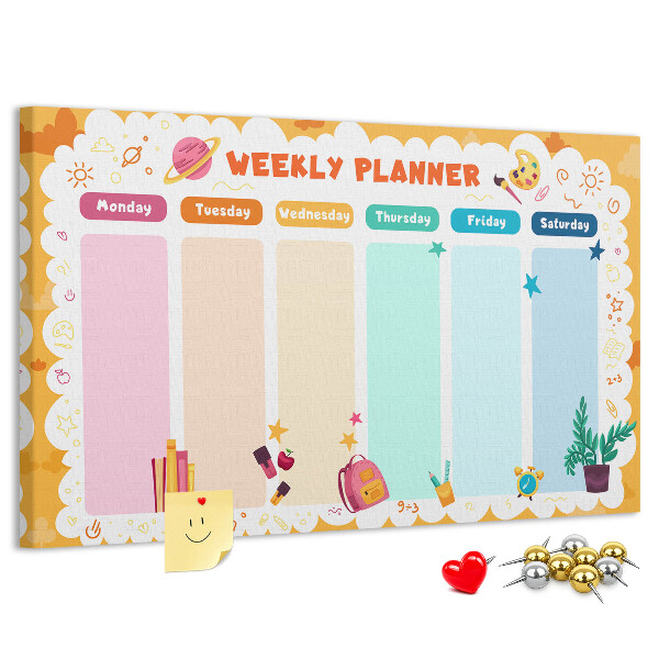 Korktafel mit farbenfrohem Schulmotiv als Wochenplaner