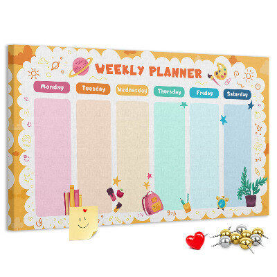 Korktafel mit farbenfrohem Schulmotiv als Wochenplaner