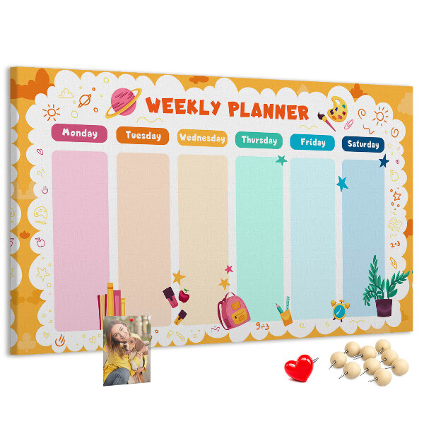 Korktafel mit farbenfrohem Schulmotiv als Wochenplaner