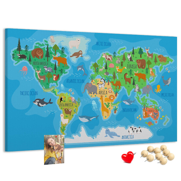 Kork-Weltkarte mit Tierillustrationen