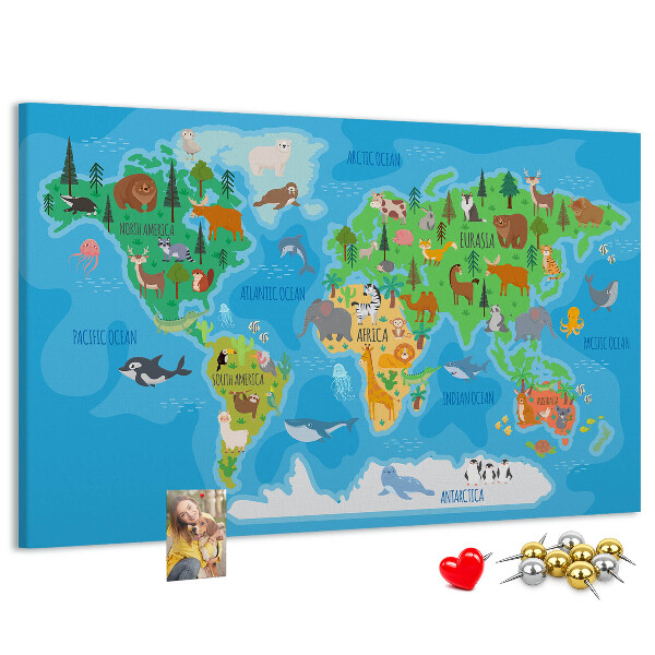 Kork-Weltkarte mit Tierillustrationen
