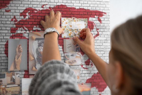 Bild mit Korkrückwand rote Weltumrisse auf einer Backsteinmauer