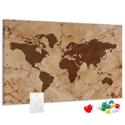 Weltkarte mit Korkrückwand antike Darstellung auf braunem Hintergrund