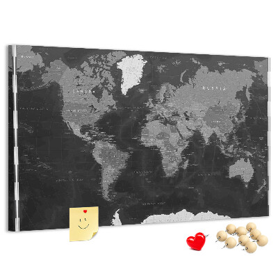 Schwarze Weltkarte mit Länderumrissen mit Korkrückwand