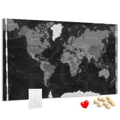Schwarze Weltkarte mit Länderumrissen mit Korkrückwand