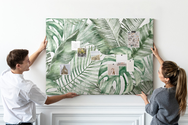 Korktafel mit Motiv tropische Blätter in Grüntönen