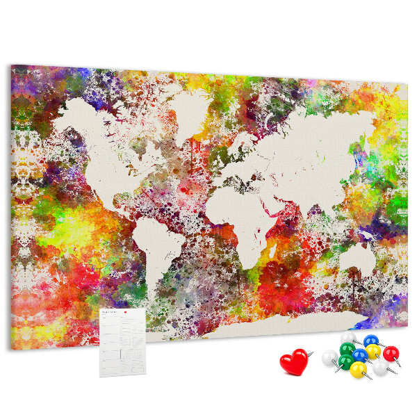 Korktafel mit farbenfroher Weltkarte im Aquarellstil
