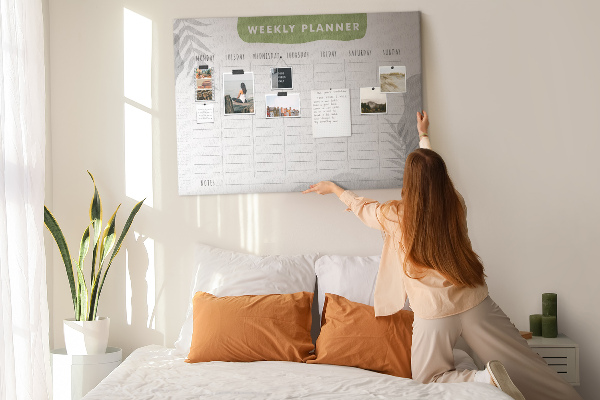 Korktafel mit Wochenplaner und Pflanzenmotiv