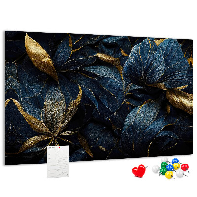 Kork-Pinnwand mit Motiv goldene Blätter auf dunkelblauem Hintergrund