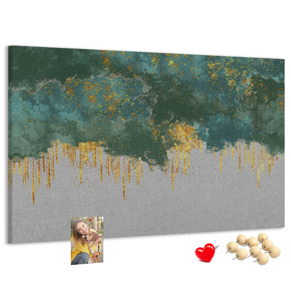 Bild mit Korkrückwand goldene Tropfen vor blauem Wolkenhintergrund
