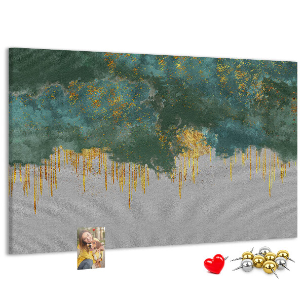 Bild mit Korkrückwand goldene Tropfen vor blauem Wolkenhintergrund