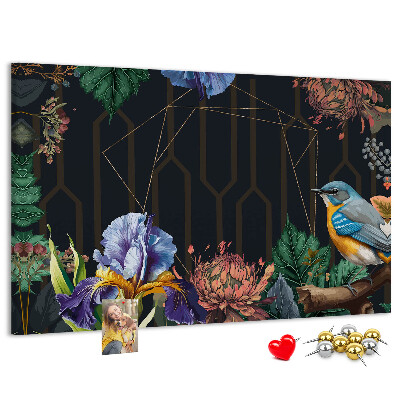 Kork-Pinnwand mit Blumenmuster und buntem Vogel