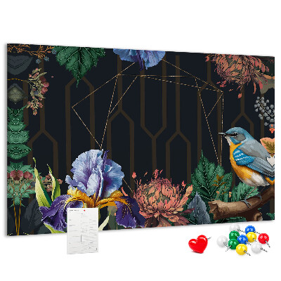 Kork-Pinnwand mit Blumenmuster und buntem Vogel