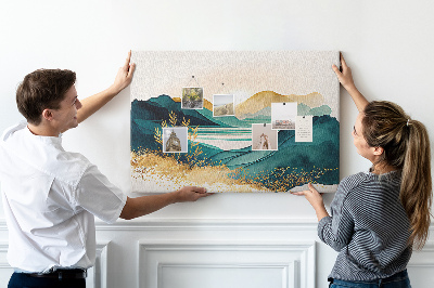 Bild mit Korkrückwand goldene Hügel über einem ruhigen See