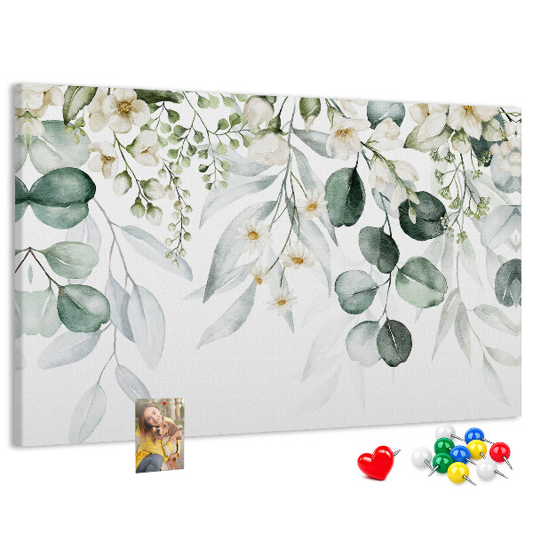 Korktafel mit Blumen- und Blattmuster in Pastelltönen