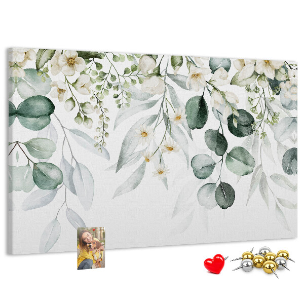 Korktafel mit Blumen- und Blattmuster in Pastelltönen
