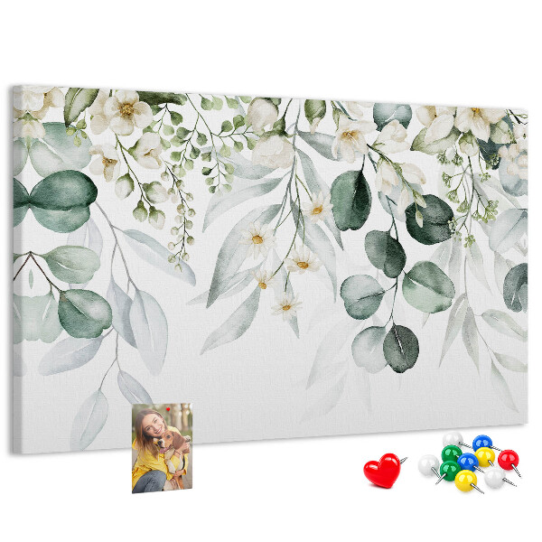 Korktafel mit Blumen- und Blattmuster in Pastelltönen